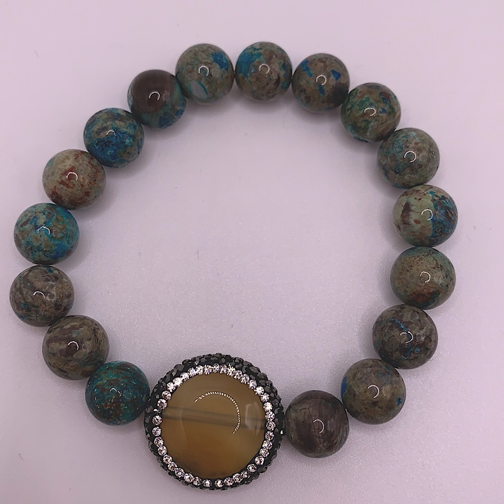 Jasper Bead Stretch Bracelet with Amber Colored stone and Crystals NEW - Picture 3 of 4